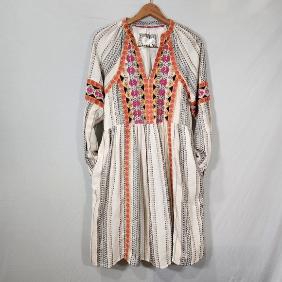 Anthropologie Lottie Embroidered Mini Dress Pleat Ivory Long Sleeve Gold - Picture 2 of 16